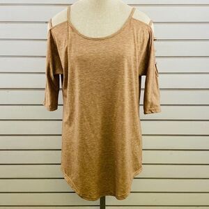 Womens XL Dreagal Shirt Light Brown Pullover Cold Shoulder Round Hem‎